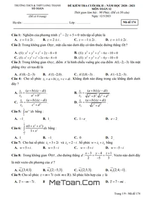 Đề thi HK2 Toán 12 năm 2020-2021 trường Long Thạnh – Kiên Giang - Mã đề 174