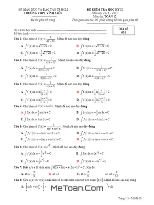 Đề thi HK2 Toán 12 năm 2016 - 2017 trường THPT Vĩnh Viễn - TP.HCM