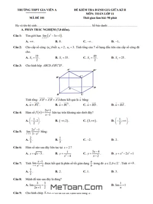 Đề thi giữa kì 2 Toán 11 năm 2022-2023 trường THPT Gia Viễn A - Ninh Bình