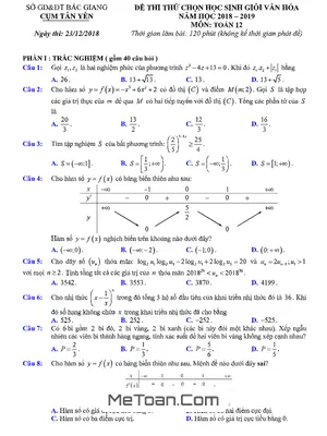 Đề Thi Thử Chọn HSG Toán 12 Năm 2018 - 2019 Cụm Tân Yên - Bắc Giang