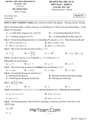 Đề thi HK2 Toán 11 năm 2020 - 2021 trường THPT Phan Đình Phùng – Hà Nội