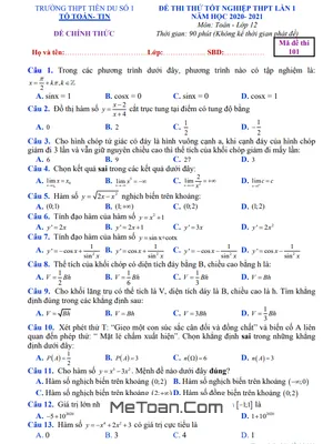 Đề thi thử tốt nghiệp THPT 2021 môn Toán lần 1 trường Tiên Du 1 – Bắc Ninh