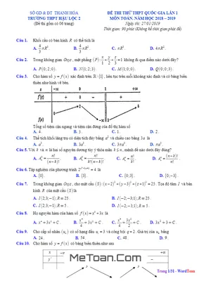 Đề thi thử Toán THPTQG 2019 lần 1 trường THPT Hậu Lộc 2 – Thanh Hóa