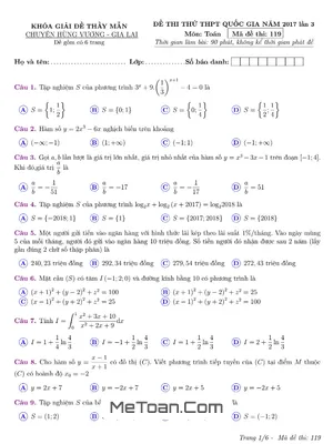Đề Thi Thử THPT Quốc Gia 2017 Môn Toán Trường THPT Chuyên Hùng Vương - Gia Lai Lần 3