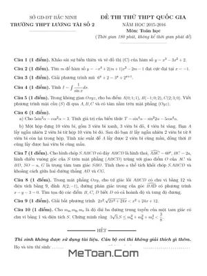 Đề thi thử THPT Quốc gia 2016 môn Toán trường Lương Tài 2 – Bắc Ninh