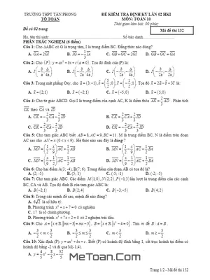 Đề kiểm tra định kỳ lần 2 HK1 Toán 10 trường THPT Tân Phong - Bạc Liêu