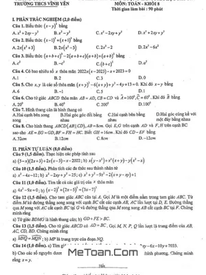 Đề KSCL lần 1 Toán 8 năm 2022 - 2023 trường THCS Vĩnh Yên - Vĩnh Phúc