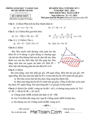 Đề thi học kì 1 Toán 8 năm 2022 - 2023 phòng GD&ĐT Bình Chánh (có đáp án)