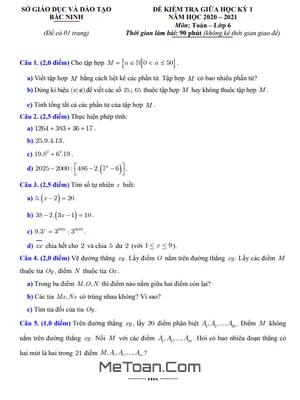 Đề thi giữa học kỳ 1 Toán lớp 6 năm 2020 - 2021 Sở GD&ĐT Bắc Ninh