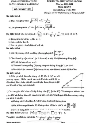 Đề thi học kỳ 1 Toán 9 năm 2023 - 2024 phòng GD&ĐT Hai Bà Trưng - Hà Nội