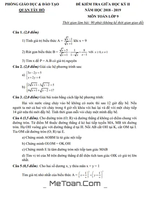 Đề thi giữa kỳ 2 môn Toán lớp 9 năm 2018 - 2019 phòng GD&ĐT Tây Hồ - Hà Nội
