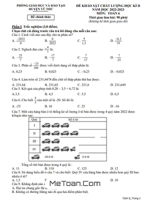 Đề thi học kì 2 Toán 6 năm 2022 - 2023 phòng GD&ĐT Vũ Thư - Thái Bình (Có đáp án)