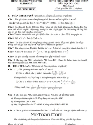 Đề thi học sinh giỏi Toán 8 năm 2021 - 2022 phòng GD&ĐT Hương Khê, Hà Tĩnh