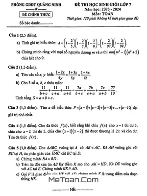 Đề thi Học Sinh Giỏi Toán 7 năm 2023 - 2024 phòng GD&ĐT Quảng Ninh, Quảng Bình