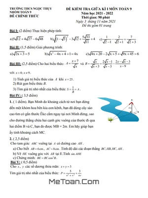 Đề thi giữa kì 1 Toán 9 năm 2021 - 2022 trường THCS Ngọc Thụy - Hà Nội