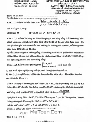 Đề thi thử vào 10 chuyên Toán (chung) năm 2024 lần 1 trường chuyên ĐHSP Hà Nội