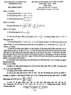 Đề thi tuyển sinh lớp 10 THPT môn Toán năm 2022 - 2023 Sở GD&ĐT Đồng Nai