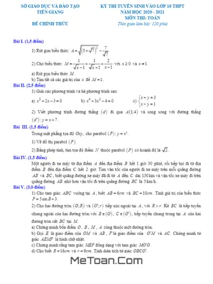 Đề thi tuyển sinh lớp 10 THPT môn Toán năm 2020 - 2021 Sở GD&ĐT Tiền Giang