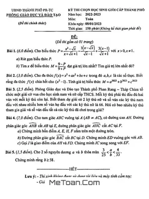Đề HSG Toán 9 năm 2022 - 2023 phòng GD&ĐT Phan Rang - Tháp Chàm - Ninh Thuận