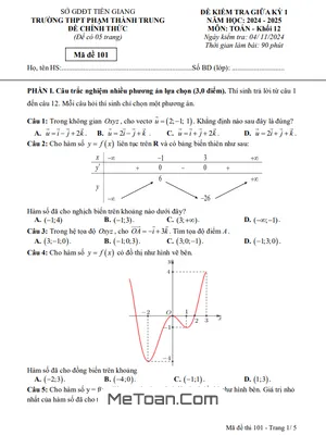 Đề giữa kỳ 1 Toán 12 năm 2024 - 2025 trường THPT Phạm Thành Trung - Tiền Giang