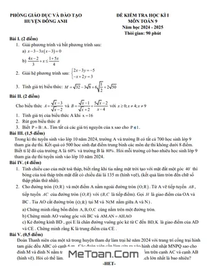 Đề Thi Học Kì 1 Toán 9 Năm 2024 - 2025 Phòng GD&ĐT Đông Anh - Hà Nội