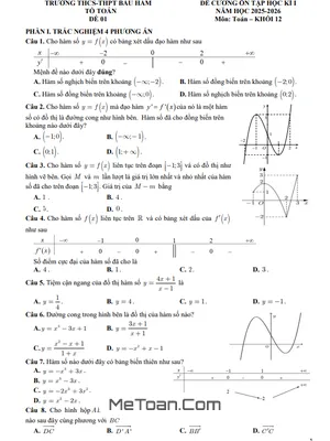 Đề cương ôn tập học kì 1 Toán 12 năm 2025 – 2026 trường THCS-THPT Bàu Hàm, Đồng Nai