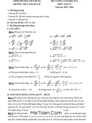 Đề Cương Ôn Tập Học Kì 1 Môn Toán 9 Năm Học 2025-2026 Trường THCS Thanh Am – Hà Nội