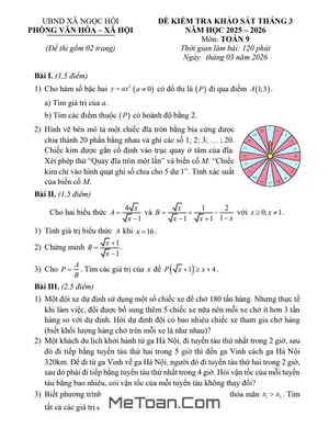 Đề Kiểm Tra Khảo Sát Toán 9 Tháng 3 Năm 2026 Xã Ngọc Hồi – Hà Nội