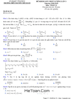 Đề KSCL Toán 11 Lần 3 Năm 2018 - 2019 Trường Nguyễn Viết Xuân - Vĩnh Phúc
