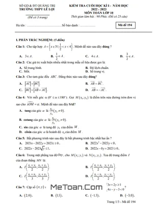 Đề Thi Cuối Kì 1 Toán 10 Năm 2022 – 2023 Trường THPT Lê Lợi – Quảng Trị