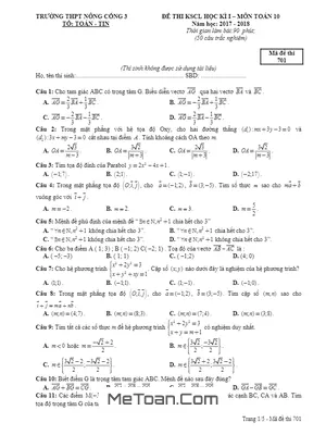 Đề thi học kỳ 1 Toán 10 năm 2017 - 2018 trường THPT Nông Cống 3 - Thanh Hóa (có đáp án)