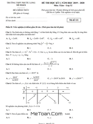 Đề thi HK1 Toán 12 năm 2019 - 2020 trường THPT Phước Long - TP.HCM