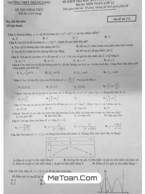 Đề thi HK1 Toán 12 năm 2017 - 2018 trường THPT Thăng Long - Hà Nội (Có đáp án)