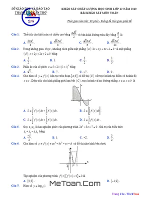 Đề khảo sát chất lượng Toán 12 năm 2019 Sở GD&ĐT Cần Thơ