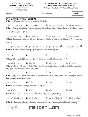 Đề Minh Họa Cuối Kì 2 Toán 10 Năm 2022 - 2023 Trường THPT Hướng Hóa - Quảng Trị