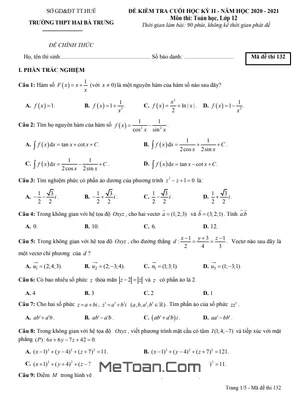 Đề thi HK2 Toán 12 năm 2020 - 2021 trường THPT Hai Bà Trưng - TT Huế