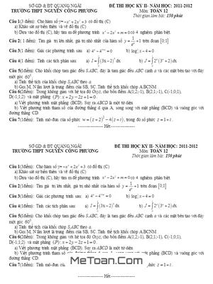 Đề thi học kỳ 2 lớp 12 môn Toán trường THPT Nguyễn Công Phương - Quảng Ngãi năm 2011 - 2012