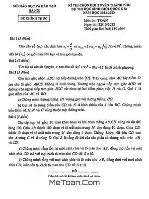 Đề chọn đội tuyển thi HSG QG môn Toán năm 2022 – 2023 sở GD&ĐT Hà Nội