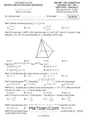20 Đề Ôn Thi Tốt Nghiệp THPT 2020 Môn Toán Trung Tâm GDTX Thanh Oai - Hà Nội