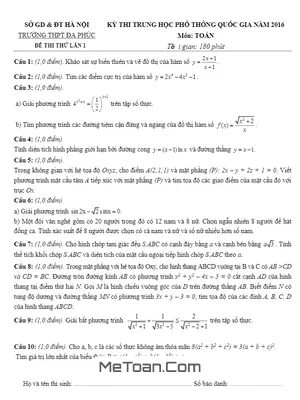 Đề thi thử THPT Quốc gia 2016 môn Toán trường Đa Phúc – Hà Nội (Lần 1)