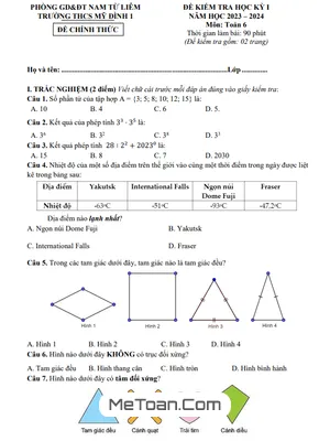 Đề thi học kỳ 1 Toán lớp 6 năm 2023 - 2024 trường THCS Mỹ Đình 1 - Hà Nội