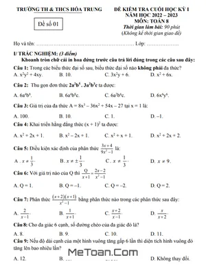 Đề thi học kỳ 1 Toán lớp 8 năm 2022 - 2023 trường TH&THCS Hóa Trung - Thái Nguyên
