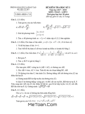 Đề thi HK1 Toán 9 năm 2017 - 2018 phòng GD&ĐT Tứ Kỳ - Hải Dương (có lời giải)