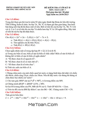 Đề thi học kỳ 2 Toán 7 năm 2022 - 2023 trường THCS Đông Xuân - Hà Nội