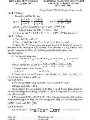 Đề thi học sinh giỏi Toán 7 năm 2022 - 2023 phòng GD&ĐT Bình Lục - Hà Nam