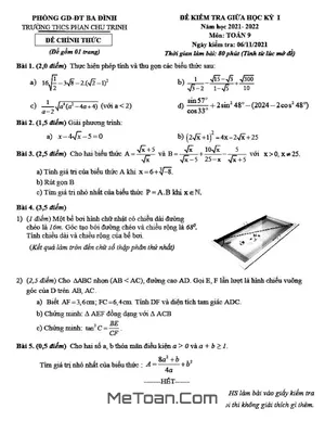 Đề thi giữa kì 1 Toán 9 năm 2021 - 2022 trường THCS Phan Chu Trinh - Hà Nội