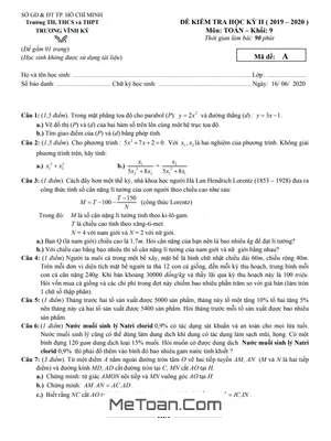 Đề thi học kì 2 Toán 9 năm 2019 - 2020 trường Trương Vĩnh Ký - TP HCM (có đáp án)