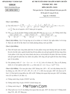 Đề Thi Vào Lớp 10 Chuyên Toán Sở GD&ĐT Lào Cai Năm 2022 - 2023
