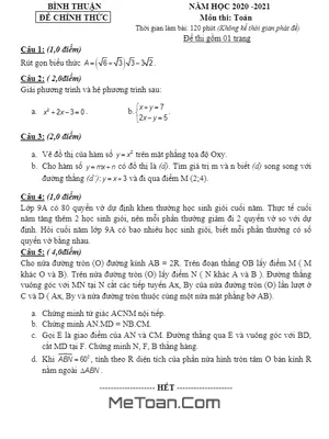 Đề thi tuyển sinh lớp 10 môn Toán năm 2020 - 2021 Sở GD&ĐT Bình Thuận