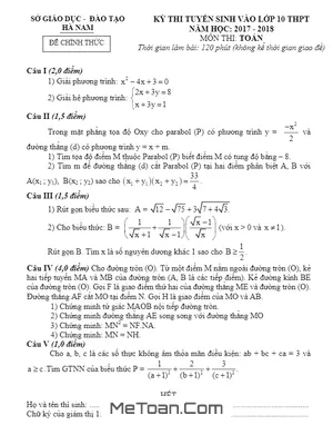 Đề thi tuyển sinh lớp 10 môn Toán Hà Nam năm 2017 - 2018 có lời giải